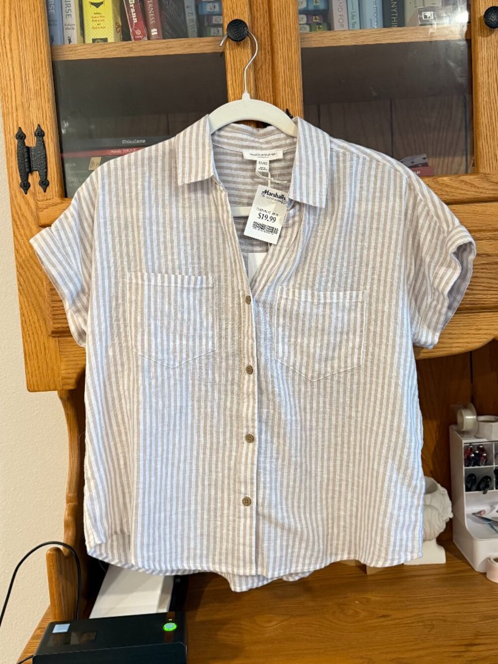 Linen Beige/White Stripe Button Up Top